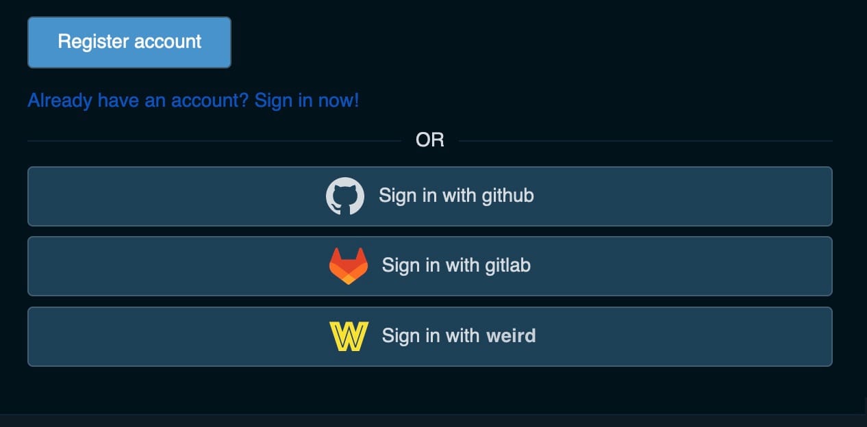 Mockup of Weird as a social sign-in option.